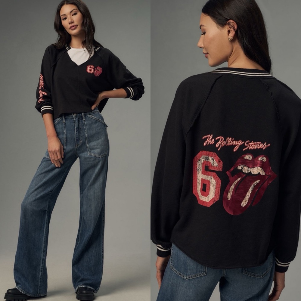 Anthropologie / Pilcro Rolling Stones V-Neck Sweatshirt Black